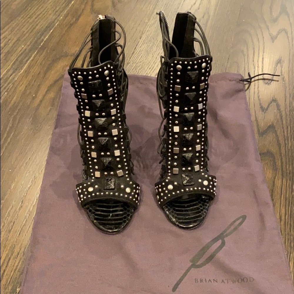 B Brian Atwood side lace studded open toe heel